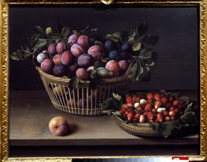 En fersken, jordbær og en kurv med frugt Maleri af Louise Moillon (1610-1696) Toulouse fra det 17. århundrede, Musee des Augustins