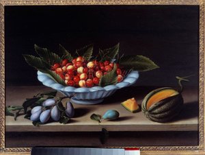 Kop kirsebær, blommer og melon Maleri af Louise Moillon (1610-1696) 1633 Søn. 0,48x0,65 m