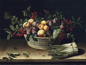 Stilleben med en kurv med frugt og et bundt asparges, 1630