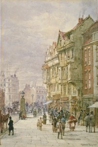 Udsigt mod øst langs Holborn med figurer og hestetrukne køretøjer på gaden, London, 1875 af Louise Rayner