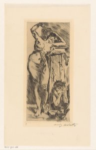 Nøgen kvinde med vifte i hånden og en sammenkrøbet figur til højre af Lovis Corinth (signed by artist)