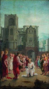Kristus overdrager nøglerne til St. Peter af Lower Rhenish pupil of Wolf Huber