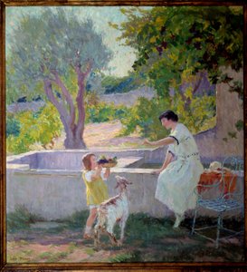 Madame Prat og hendes datter i haven med den lille ged Maleri af Joseph Loys Prat (1879-1934), 20. århundrede. Borgmester i Donzere.