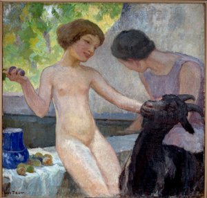 Nøgen pige leger med en ged Maleri af Joseph Loys Prat (1879-1934), 20. århundrede. Olie på lærred. Donzere, Rådhus.
