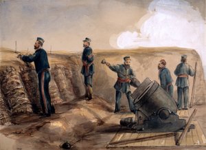 En 13-tommer morter af Royal Artillery i aktion, 1855 (wc over blyant på papir) af Lt. Henry James Alderson