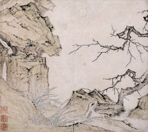 Narcissus, blommetræ i et landskab (blæk og farve på papir)