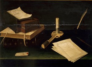 Stilleben af bøger, fjer, bogstaver og stearinlysmaleri af Lubin Baugin (1610-1663) Rom Galleria Spada fra det 17. århundrede