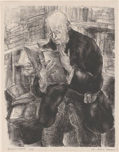 Mand læser i et bibliotek af Luc Albert Moreau (signed by artist)