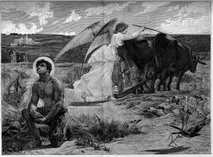 Sankt Isidore, protektor for pløjerne. En engel hjælper Saint Isidore med at pløje en mark med en plov. 19. århundrede. Stik efter maleriet af Luc Olivier Merson (1846-1920). I "" The Illustrous World"" nr. 1294 af 21. januar