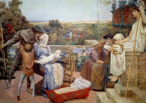 Familien En rig familie i middelalderen, moderen holder spædbarnet i sine arme og kysser sin mand. Udsmykning fra Hotel Watel-Dehaynin i Paris. Maleri maroufle på gips af Luc Olivier Merson (1846-1920) 1901 søn. 2,22x2,95 m Paris, mus