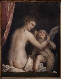Fontanellato, Labirinto della Masone, Franco Maria Ricci kunstsamling: "Venus binder for øjnene Amor" af Luca Cambiaso