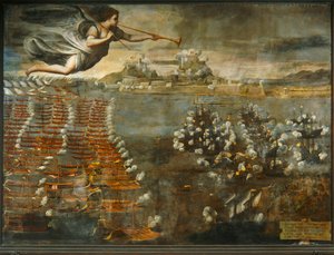 Scenen for slaget ved Lepanto ... af Luca Cambiaso