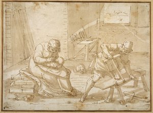 Studie af den hellige familie i snedkerens værksted (pen og brun blæk med brun vask på papir) af Luca Cambiaso