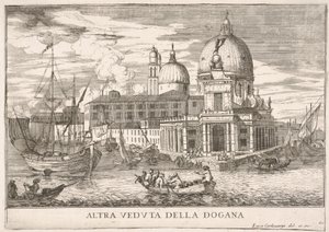 Plade 61: Udsigt over toldstedet Dogana da Mar ved sammenløbet af Canal Grande a..., 1703.