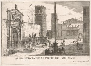 Plade 63: Udsigt over porten til skibsværftet og våbenhuskomplekset Arsenale, Venedig, 1703, fr..., 1703. af Luca Carlevarijs
