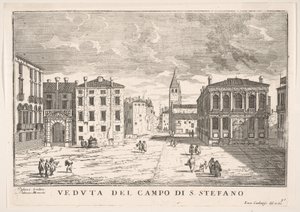 Plade 95: Udsigt over Campo Santo Stefano med Loredan-paladset og Morosini-paladset, Venedig ..., 1703. af Luca Carlevarijs