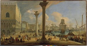 Moloen og hertugpaladset (Venedig, Italien) - Maleri af Luca Carlevaris (1663-1730), olie på lærred, ca. 1710, 64x121 cm - Moloen med hertugpaladset, Olie på lærred af Luca Carlevaris - Statseremitage, St. - Petersborg