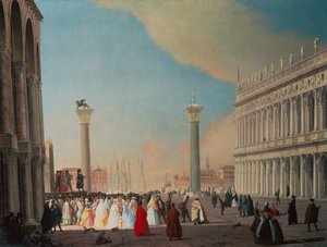 Piazzetta, Venedig, ser mod syd fra foran San Marcos facade (olie på lærred) af Luca Carlevaris