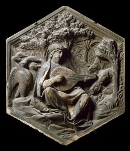 Allegory of Music som Orphee Skovens dyr lytter til Orphee, der spiller lut. Høj relief af Luca della Robbia af Luca Della Robbia