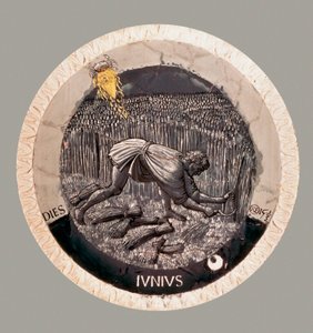 juni: en bonde høster hveden. Terracotta af Luca della Robbia af Luca Della Robbia