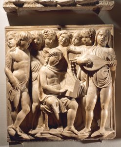 Lov ham med strygere og orgel (Salme 150, Lov Herren), panel med drengesang med orgel, harpe og lut