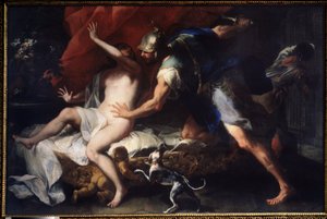 (Tarquinius og Lucretia) Voldtægten af ​​Lucrece (Lucrezia, Lucretia, romersk dame), offer for volden af ​​sin fætter Sextus Tarquin, søn af Tarquin den Superb. Maleri af Luca Giordano (1632-1705) Statens kunstmuseum fra det 17. århundrede, Tula, Rusland