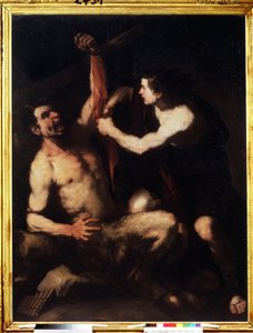 ""Apollo og Marsyas"" Apollo, efter at have vundet udfordringen mod Marsyas, får ham flået og derefter smidt ind i en hule. Maleri af Luca Giordano (1632-1705) omkring 1650. Manierisme. Pushkin Museum, Moskva af Luca Giordano