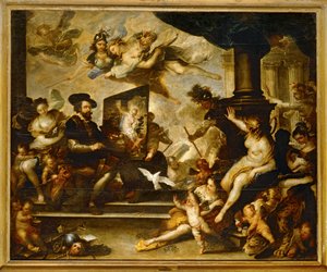 Rubens i gang med at male: Fredens Allegori ... (maleri på lærred) af Luca Giordano