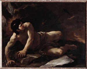 Sankt Benedikts fristelse, der kaster sig i tømmerbøjlen for at undgå fristelser) Maleri af Luca Giordano (1634-1705) Museo dell