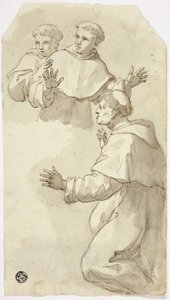 Tre forskrækkede munke, en knælende, to stående af Luca Giordano