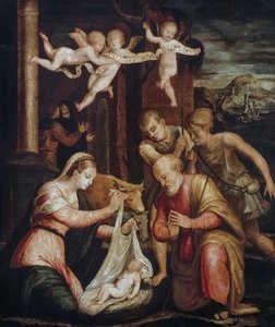 Tilbedelse af hyrderne, af Luca Longhi (1507-1580), olie på træ