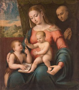 Jomfru med barn, den unge St. John og en St. Nicholas af Tolentino (olie på lærred)
