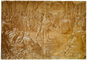 Kampen mellem Entellus fra Sicilien og Dares fra Troy, c1544 af Luca Penni