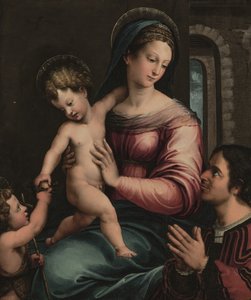 Madonnaen og barnet med spædbarnet Sankt Johannes Døberen og en donor (olie på panel) af Luca Penni