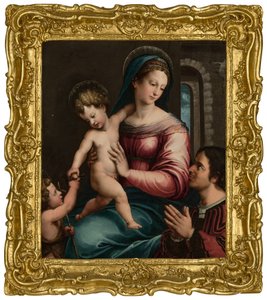 Madonnaen og barnet med spædbarnet Sankt Johannes Døberen og en donor (olie på panel) af Luca Penni