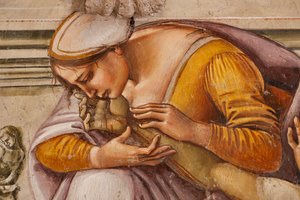 Klagesang over den døde Kristus mellem de to helgener i Orvieto (S. Parenzo til højre og S. Faustino til venstre), detaljer af Luca Signorelli