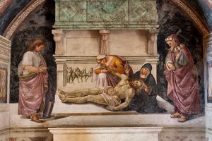 Klagesang over den døde Kristus mellem de to helgener i Orvieto (S. Parenzo til højre og S. Faustino til venstre) af Luca Signorelli