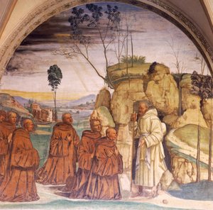 Historier om Skt. Benedikte, fresker af Luca Signorelli (ca. 1445-1523) i St. Benedikts kloster ved Monte Oliveto, Siena, detaljer af Luca Signorelli