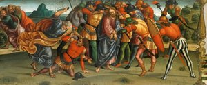 Kristi tilfangetagelse. Klagesang over den døde Kristus, Predella panel, 1502. af Luca Signorelli