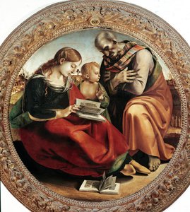 Den hellige familie. Maleri af Luca Signorelli (1450-1523), omkring 1495. Tondo. Olie på lærred. Diameter: 124 cm. Firenze, Uffizi-galleriet (Firenze, Uffizi-museet) af Luca Signorelli