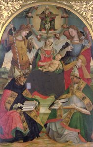 Treenigheden, Madonna og barn, engle og hellige, ca. 1505-08 (olie på panel) af Luca Signorelli