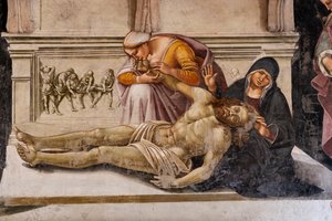 Interiøret, Chapel Nova eller Chapel of St. Brizio, Chapel of the Holy Legs: "Lamentation of the Dead Christ" mellem de to helgener i Orvieto (S. Parenzo til højre og S. Faustino til venstre), af Luca Signorelli af Luca Signorelli