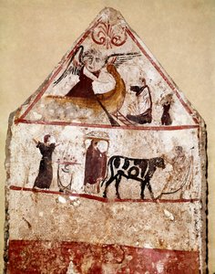 En tyr fører på alteret af offeret Lucanian fresco fra det 4. århundrede f.Kr., fra nekropolis Andriuolo i Paestum, Italien. Museo nazionale archeologico, Paestum