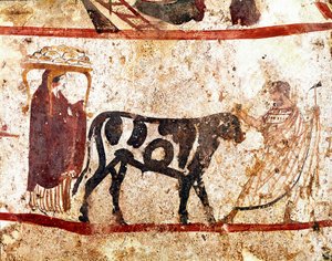 En tyr fører på alteret af offeret Lucanian fresco fra det 4. århundrede f.Kr., fra nekropolis Andriuolo i Paestum, Italien. Museo nazionale archeologico, Paestum