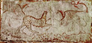 En kamp mellem en panter og en griffon Lucanian fresko fra det 4. århundrede f.Kr., fra Rytterens grav, Paestums nekropolis, Italien. Museo nazionale archeologico, Paestum