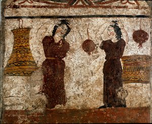 En gruppe dansere under en begravelsesritual Lucanian fresco fra det 4. århundrede f.Kr., fra nekropolis i Paestum, Italien. Museo nazionale archeologico, Paestum
