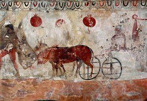 En flokholder og to æsler Lucanian fresko fra det 4. århundrede f.Kr., fra nekropolis i Paestum, Italien. Museo nazionale archeologico, Paestum