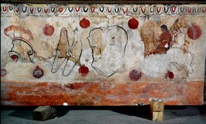 En rytter og de forskellige elementer i hans rustning Lucanian fresco fra det 4. århundrede f.Kr., fra nekropolis i Paestum, Italien. Museo nazionale archeologico, Paestum