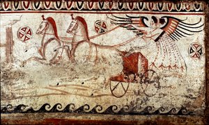En sejr ledet af en stor Lucanian fresco fra det 4. århundrede f.Kr., fra nekropolis Paestum, Italien. Museo nazionale archeologico, Paestum