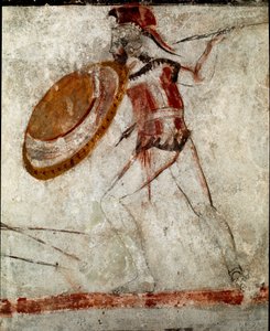 En kriger med et spyd og et skjold Lucanian fresko fra det 4. århundrede f.Kr., fra Rytterens grav, Paestum, Italien. Museo nazionale archeologico, Paestum
